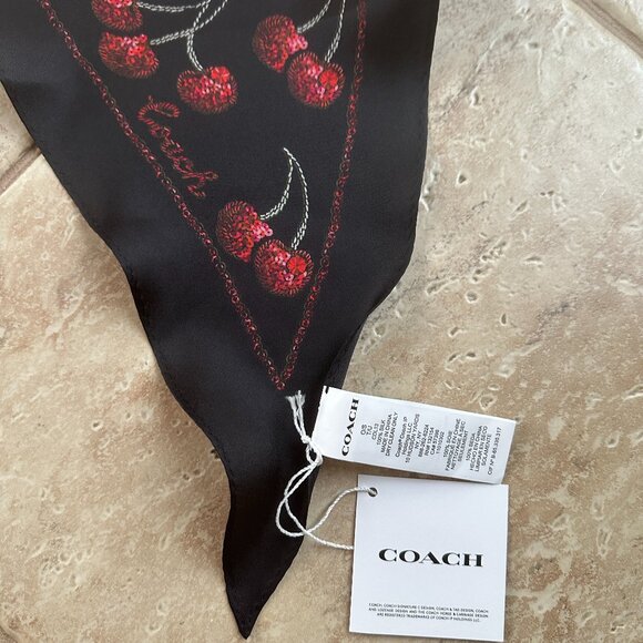 COACH CHERRIES PRINT SILK DIAMOND SCARF:NWT CDL13 BLACK/RED - Picture 4 of 8